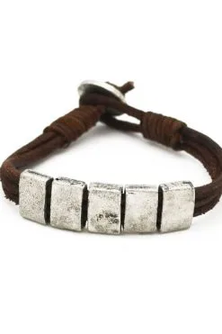 Anju Jewelry Aadi Silver Rectangles Leather Brown Bracelet