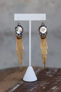 Mikal Winn Crystal Brass Fringe Earrings -Cheap Swim Sales Store Kariella Bohemian Boutique Ojai 7970
