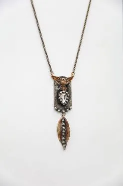 Mikal Winn Brass Dog Tag Owl Leaf Drop Necklace