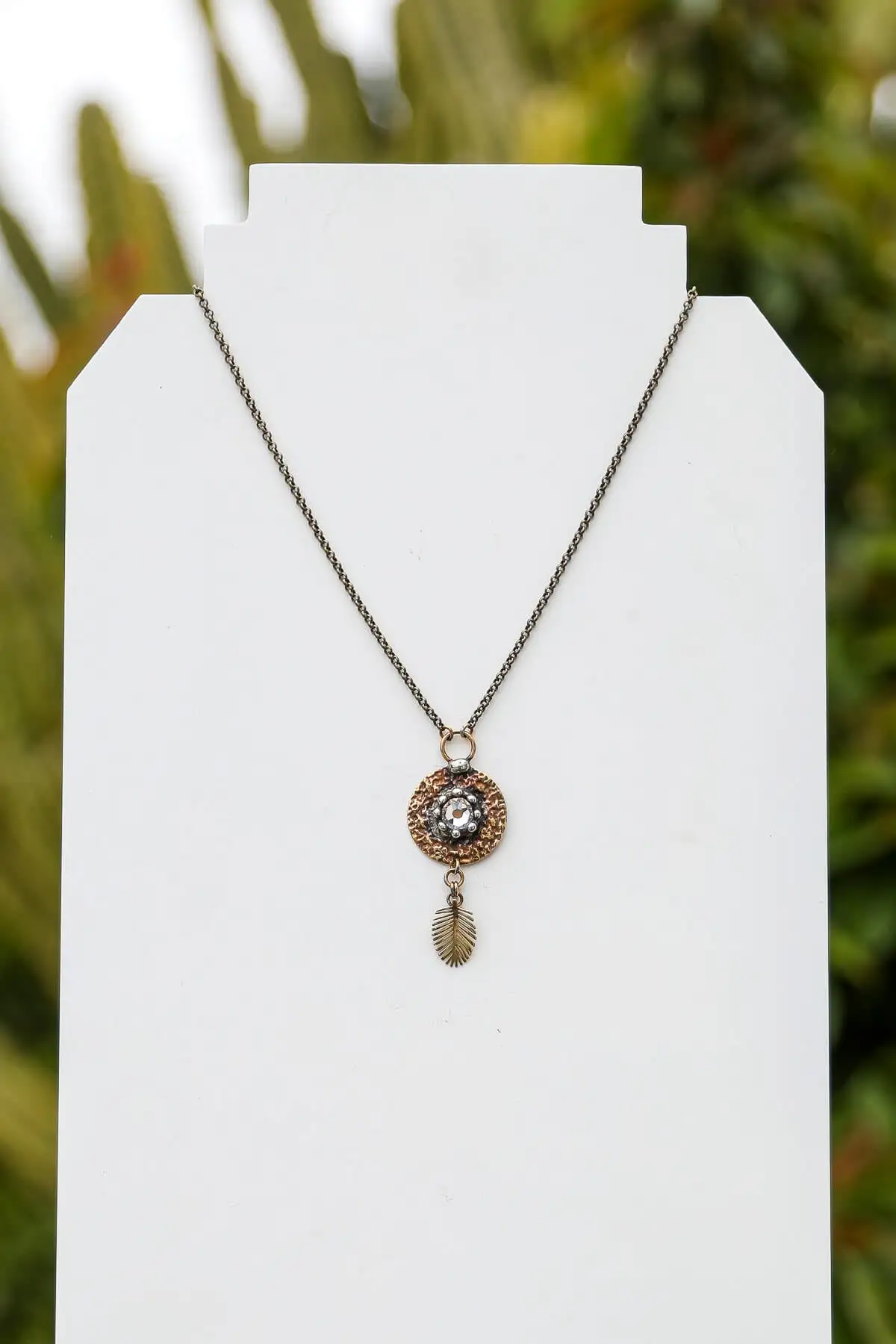 Mikal Winn Brass Disc Crystal Feather Drop Necklace 4 Mikal Winn Brass Disc Crystal Feather Drop Necklace - Image 2