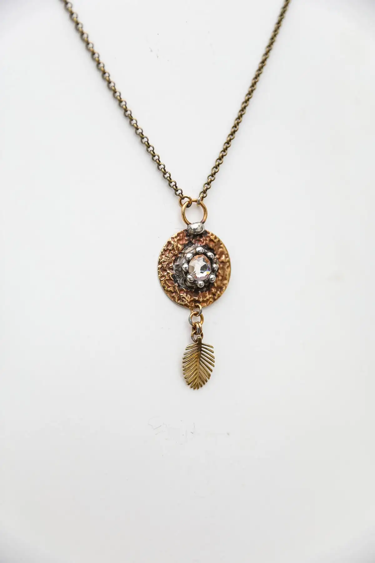 Mikal Winn Brass Disc Crystal Feather Drop Necklace 3 Mikal Winn Brass Disc Crystal Feather Drop Necklace