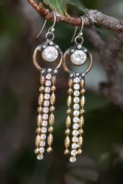 Mikal Winn Brass Zicron + Rhineston Fringe Earrings -Cheap Swim Sales Store kariella 70s clothing ojai 6178